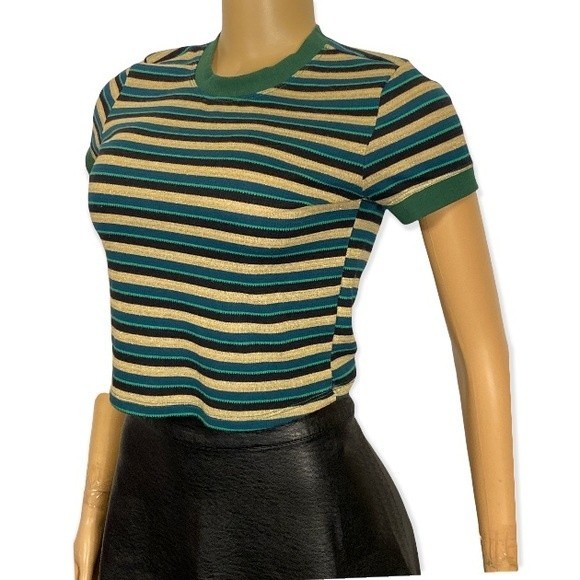 PacSun Basic top striped cropped green black and gold Shimmer size Small - Picture 4 of 16